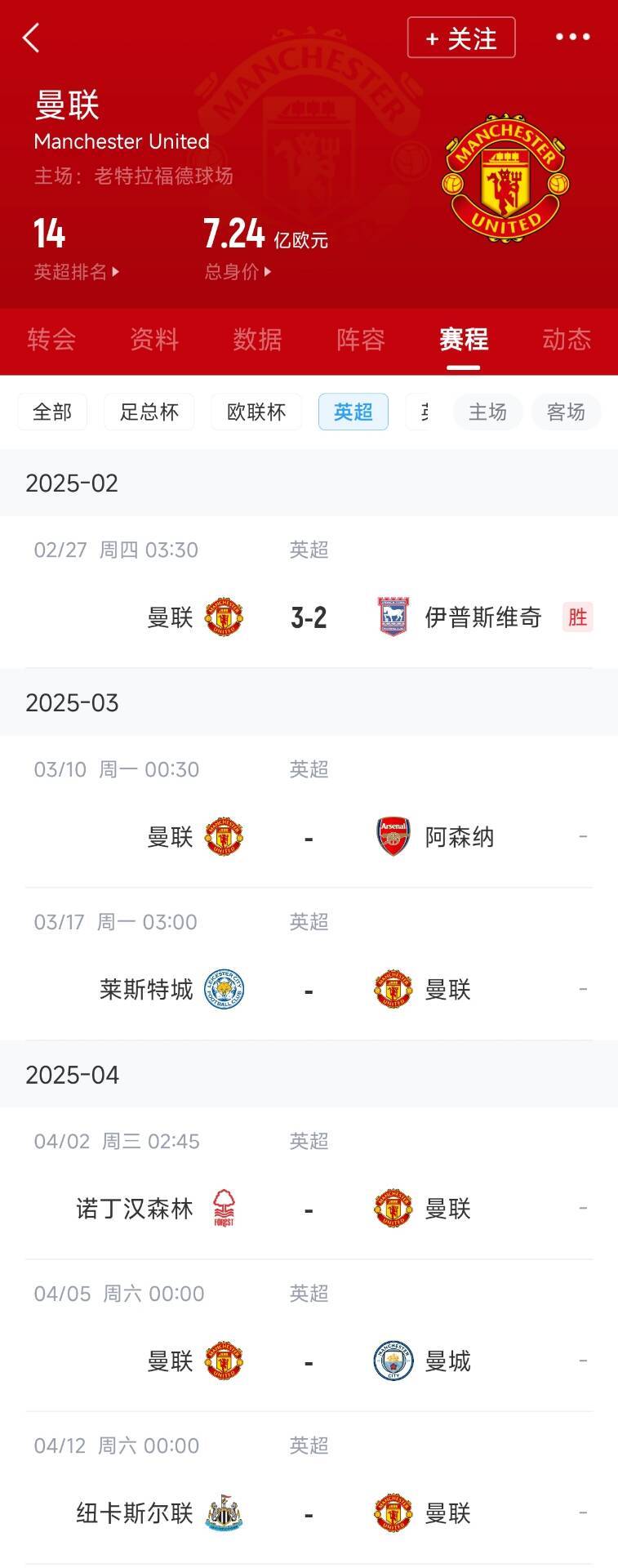 藍(lán)狐救一下？曼聯(lián)未來5輪將遭遇英超2/3/4/6名：槍手森林曼城紐卡