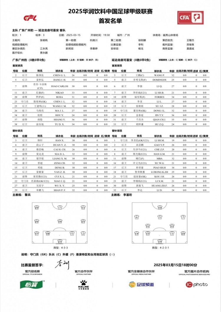 廣州豹vs延邊龍鼎首發(fā)：卡洛斯、羅薩、尼康三外援領銜廣州豹